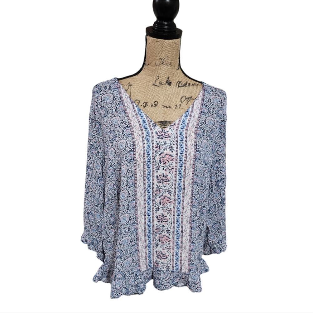 Cynthia Rowley Woman‎ Blue Pink Floral Paisley Ruffle Hem Boho Blouse 3X NEW